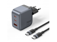 USB Type-C x 2  + USB A, быстрая зарядка 70 Вт, GaN, кабель USB C - USB C/1 метр/100 Вт в комплекте
