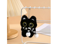 Брелок для ключей Кот в шарфе, плюшевый, черный